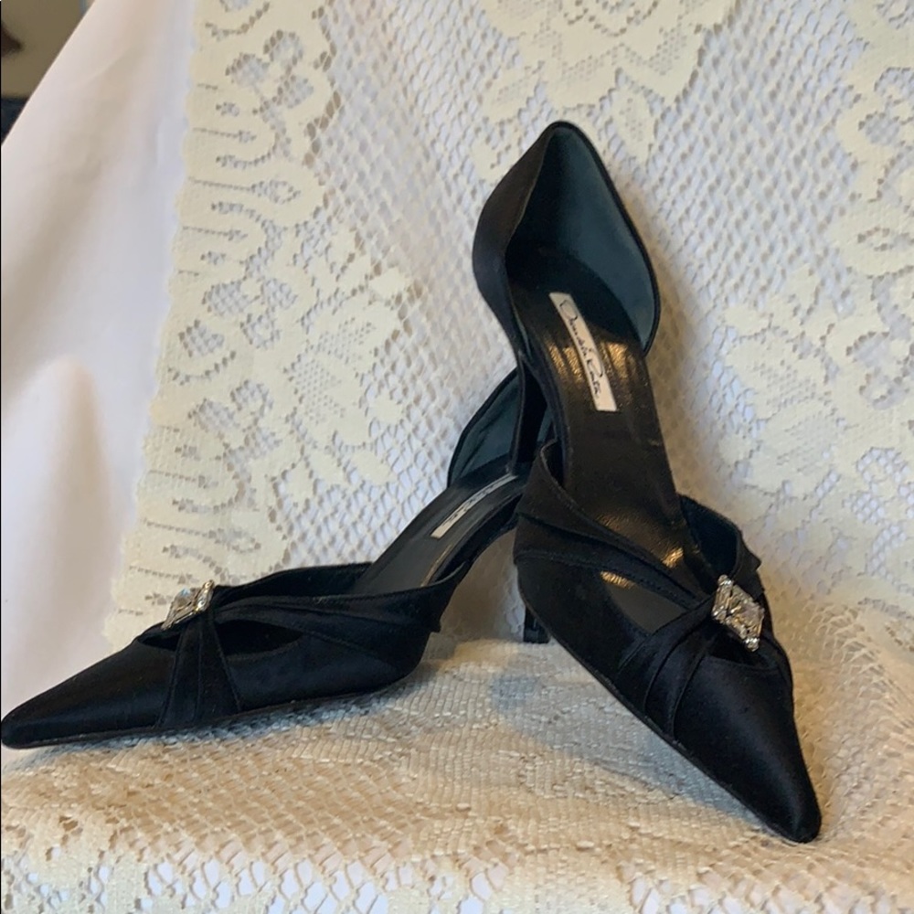 Oscar de la Renta Black Satin Heels with Silver Accents